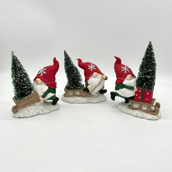 Set of 3 Light Up Gnomes Bottle Brush Christmas Tree Gnome Sled Wheelbarrow New